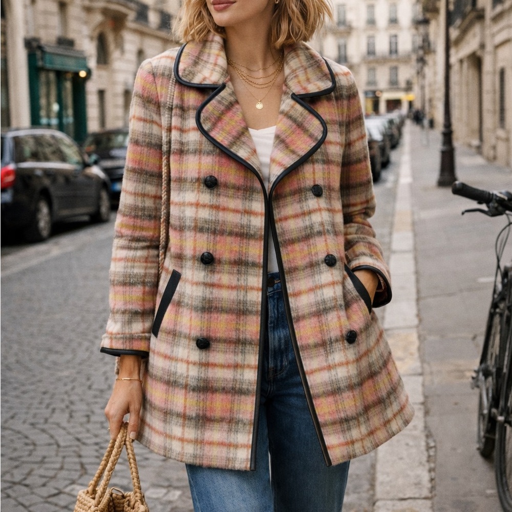 CABI Ethos Pea Coat in Warm Rust Camel Brushed Plaid with Vegan Leather Pipe | L
